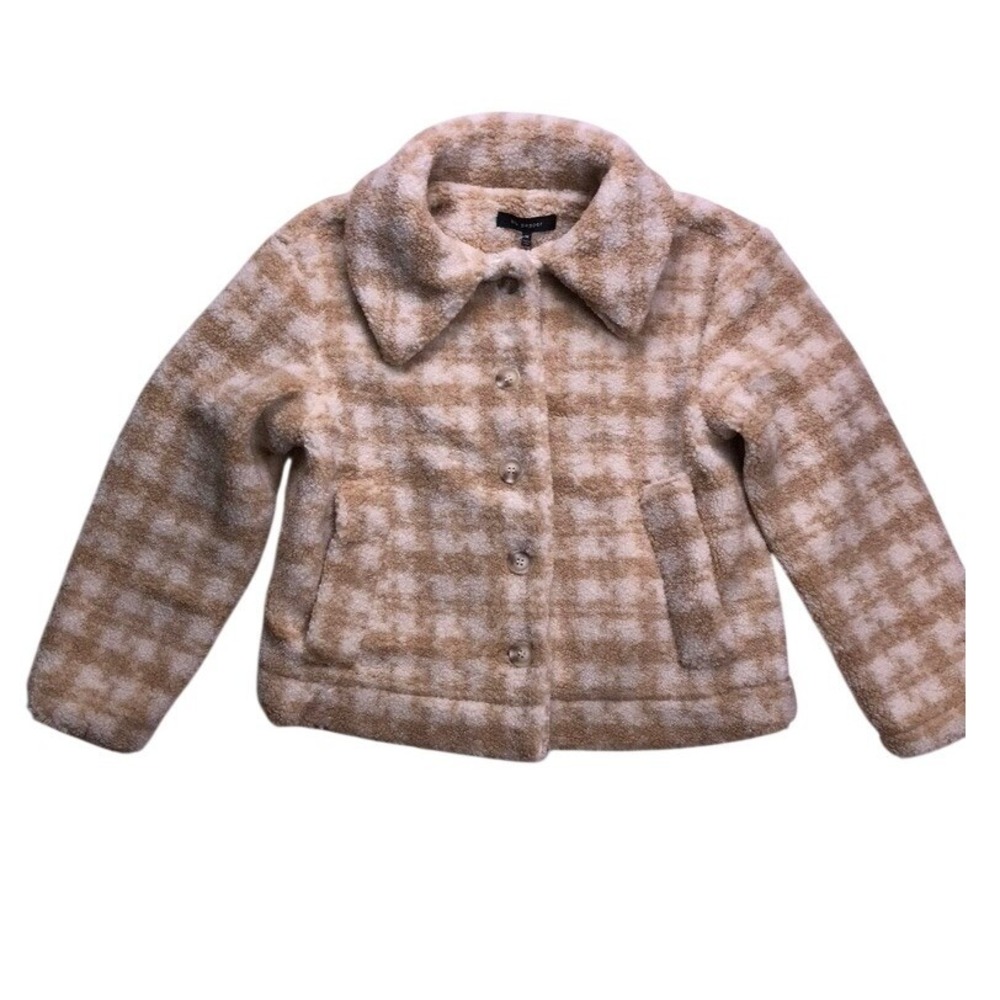 Blu Pepper Tan Plaid‎ Faux Fur Sherpa Button Up Cropped Jacket Womens Medium